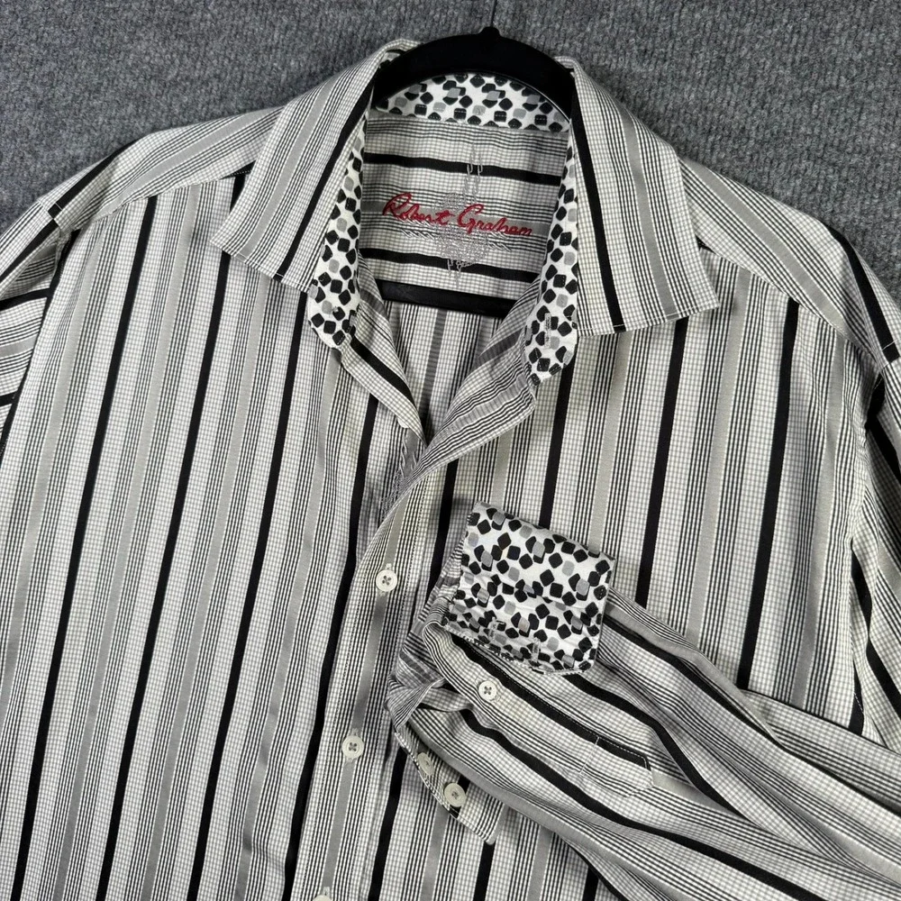 Robert Graham Button Down Shirt Mens L Large Grey Black Striped Contrast Cuff